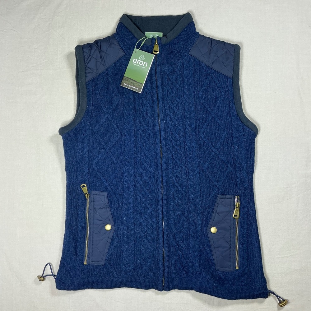 Aran Woollen Mills Womens Navy Blue 100% Pure New Wool Cable Knit Vest L NWT